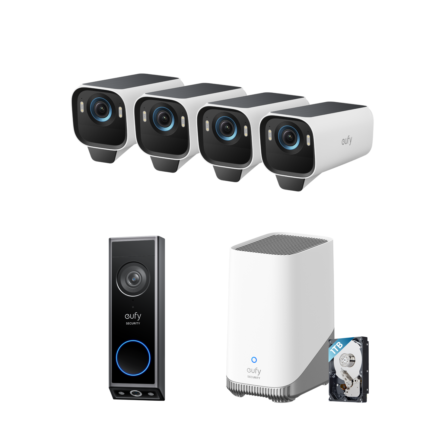 eufyCam S3 Pro 4-Cam Kit + Video Doorbell E340 + 1 TB Hard Drive