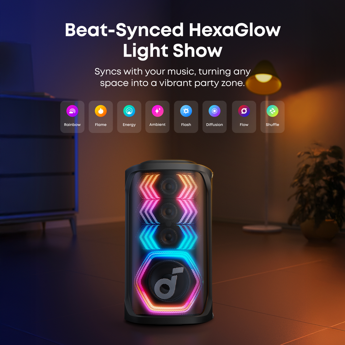 soundcore speaker with HexaGlow lights for vibrant party