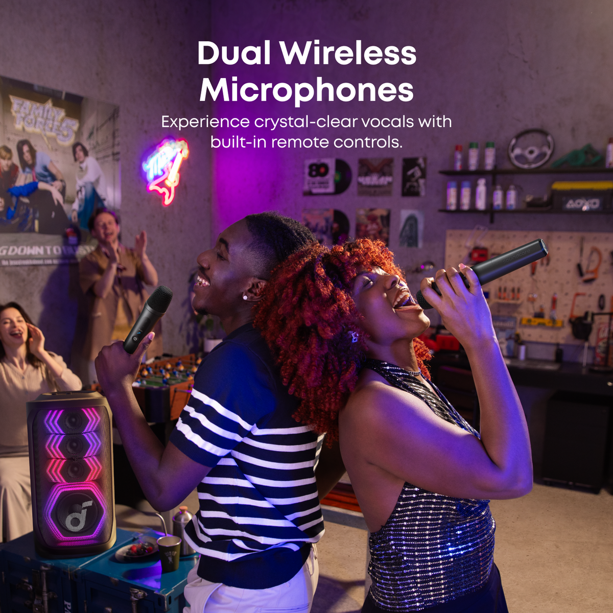 soundcore wireless microphones with party speaker in music room