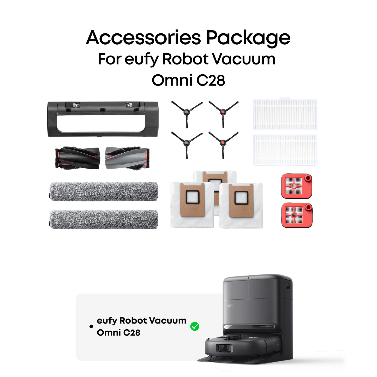 eufy Replacement Kit for C28, Side Brush ×2, Dirty Water Tank Filter ×2, Roller Brush and Brush Guard ×1, Dust Bag ×3, Roller Mop ×2, Replacement Filter ×2